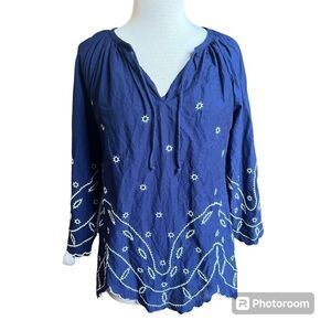 MudPie Size Small Long Sleeve Flare Bell Sleeved Embroidered Navy Blue Tunic
